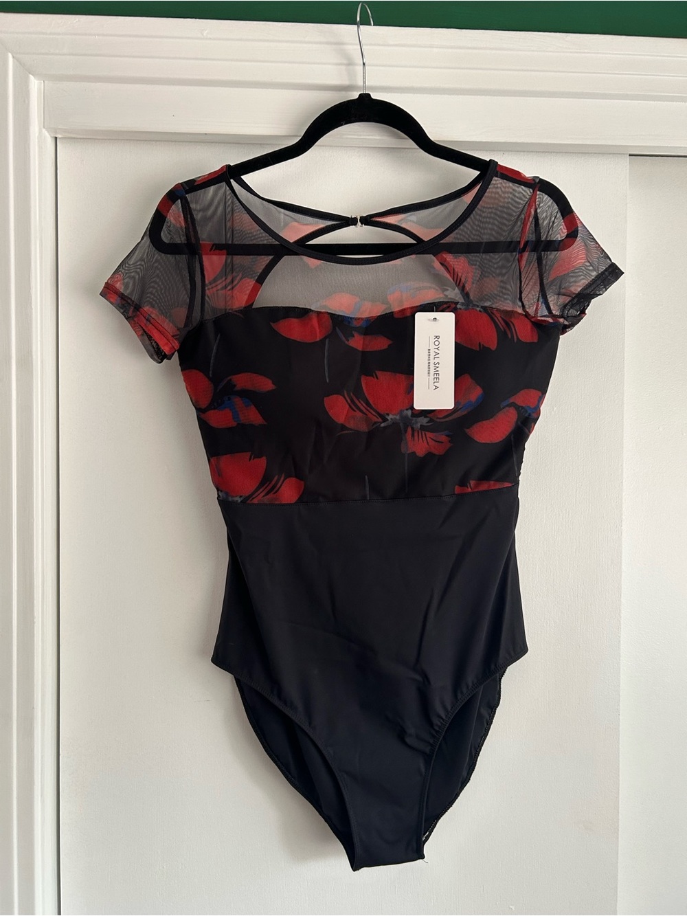 NWT Red and Black Floral Cap Sleeve Leotard with Open Back - Mesh Sleeves